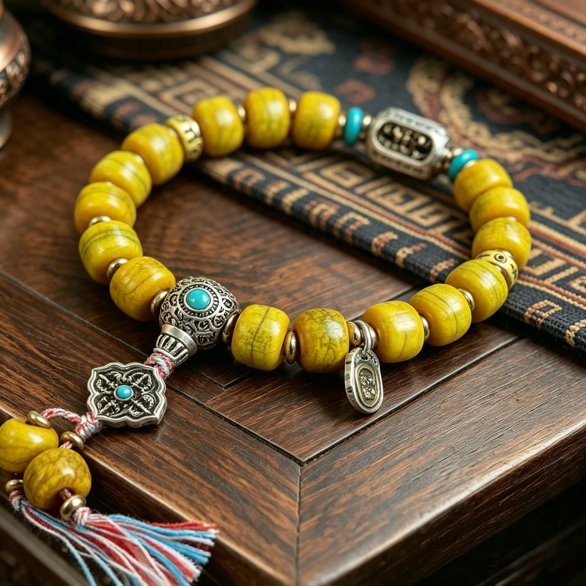 Himalayan Plateau Natural Cattle Bone Barrel Bead Single Loop Bracelet with Alloy & Stone Decorative Accessories Handmade Wrist Jewelry