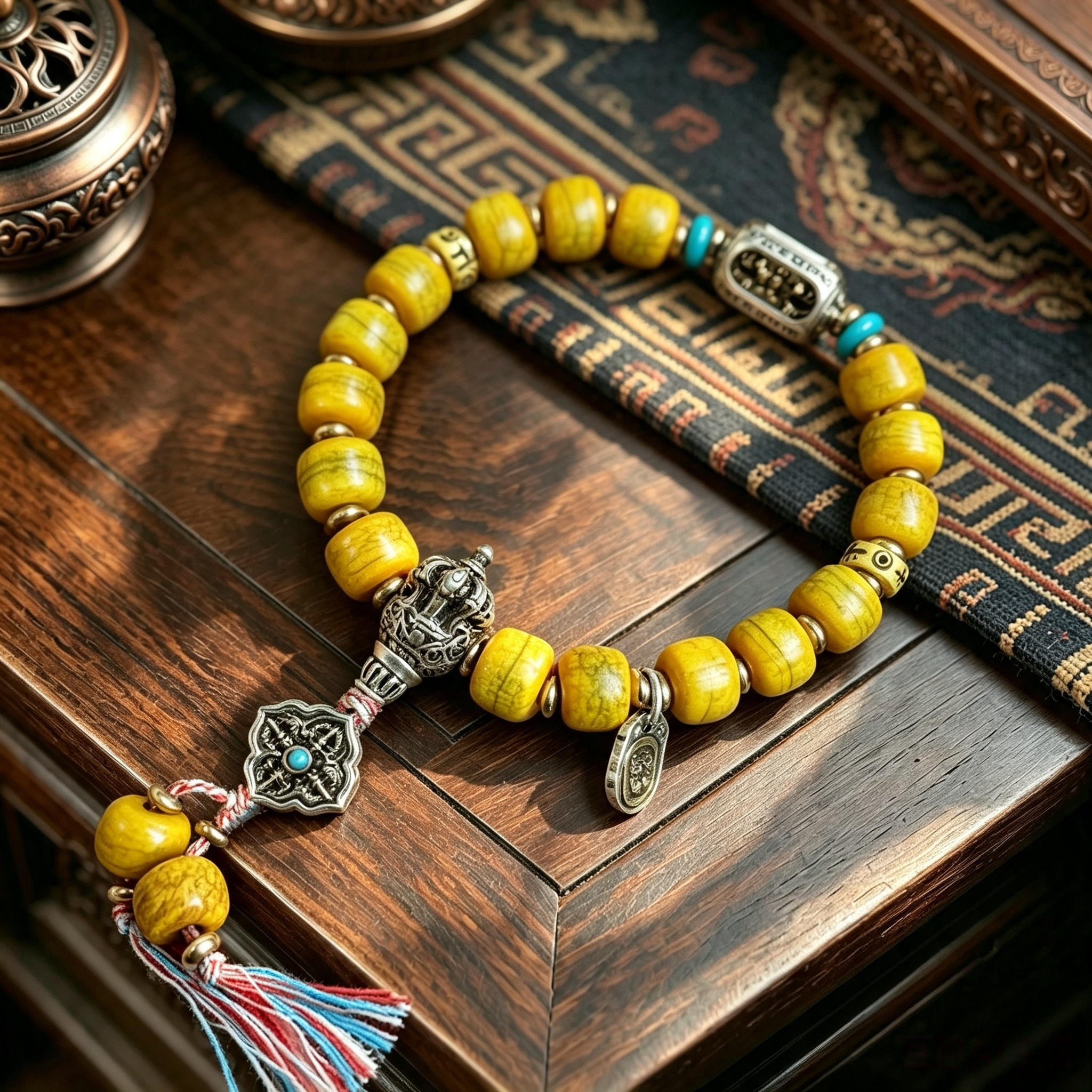 Himalayan Plateau Natural Cattle Bone Barrel Bead Single Loop Bracelet with Alloy & Stone Decorative Accessories Handmade Wrist Jewelry