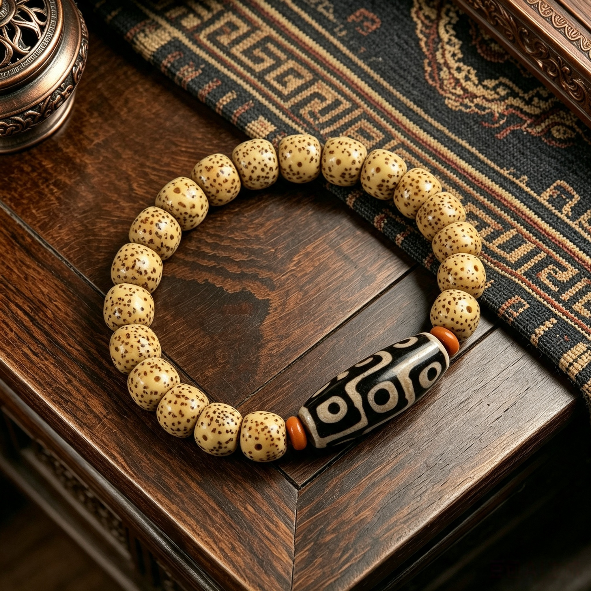Himalayan Vintage Spotted Natural Plant Seed Barrel Bead Bracelet with Patterned Agate Center Stone Single Loop Wrist Ornament