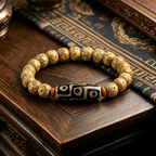 Himalayan Vintage Spotted Natural Plant Seed Barrel Bead Bracelet with Patterned Agate Center Stone Single Loop Wrist Ornament