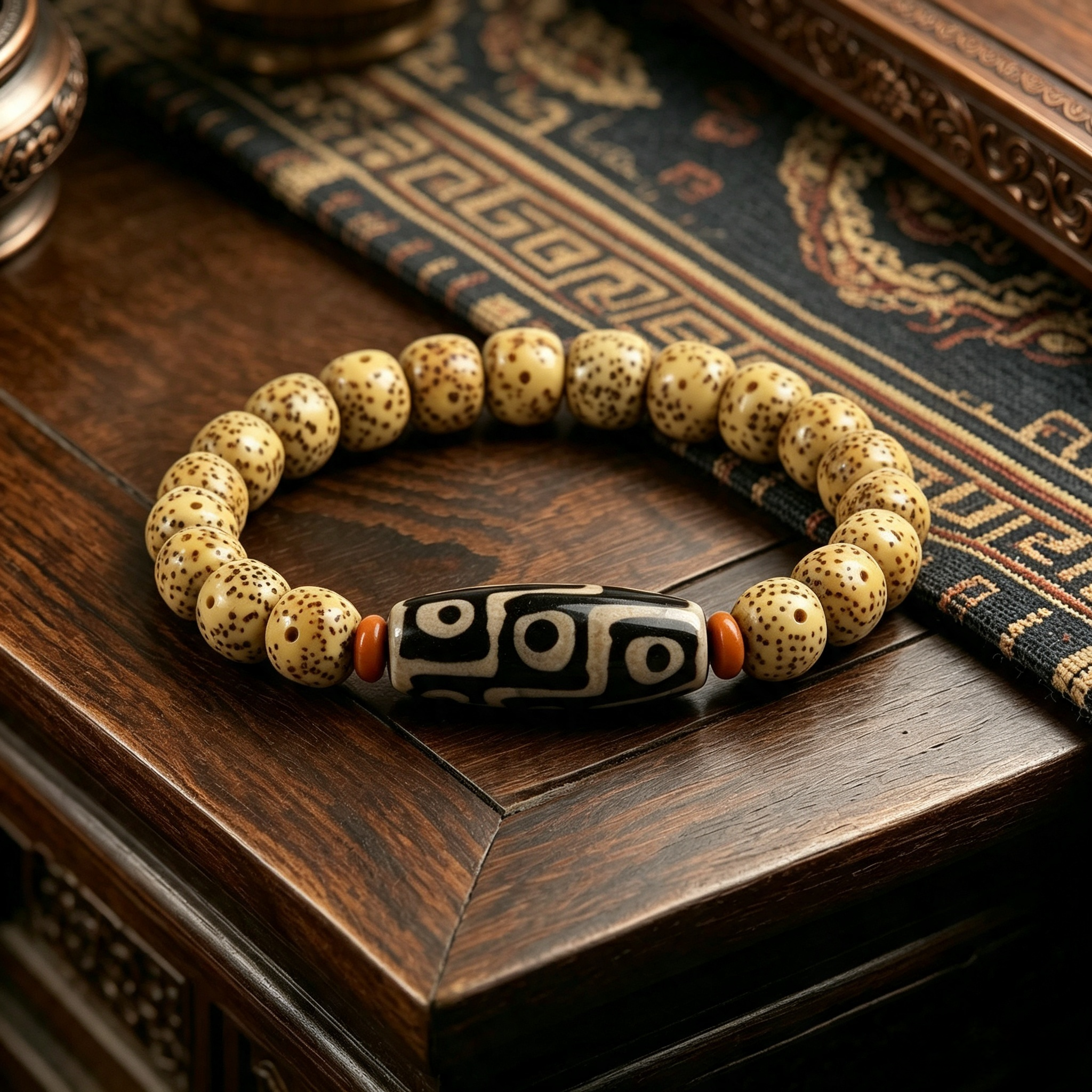 Himalayan Vintage Spotted Natural Plant Seed Barrel Bead Bracelet with Patterned Agate Center Stone Single Loop Wrist Ornament
