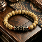Himalayan Vintage Spotted Natural Plant Seed Barrel Bead Bracelet with Patterned Agate Center Stone Single Loop Wrist Ornament