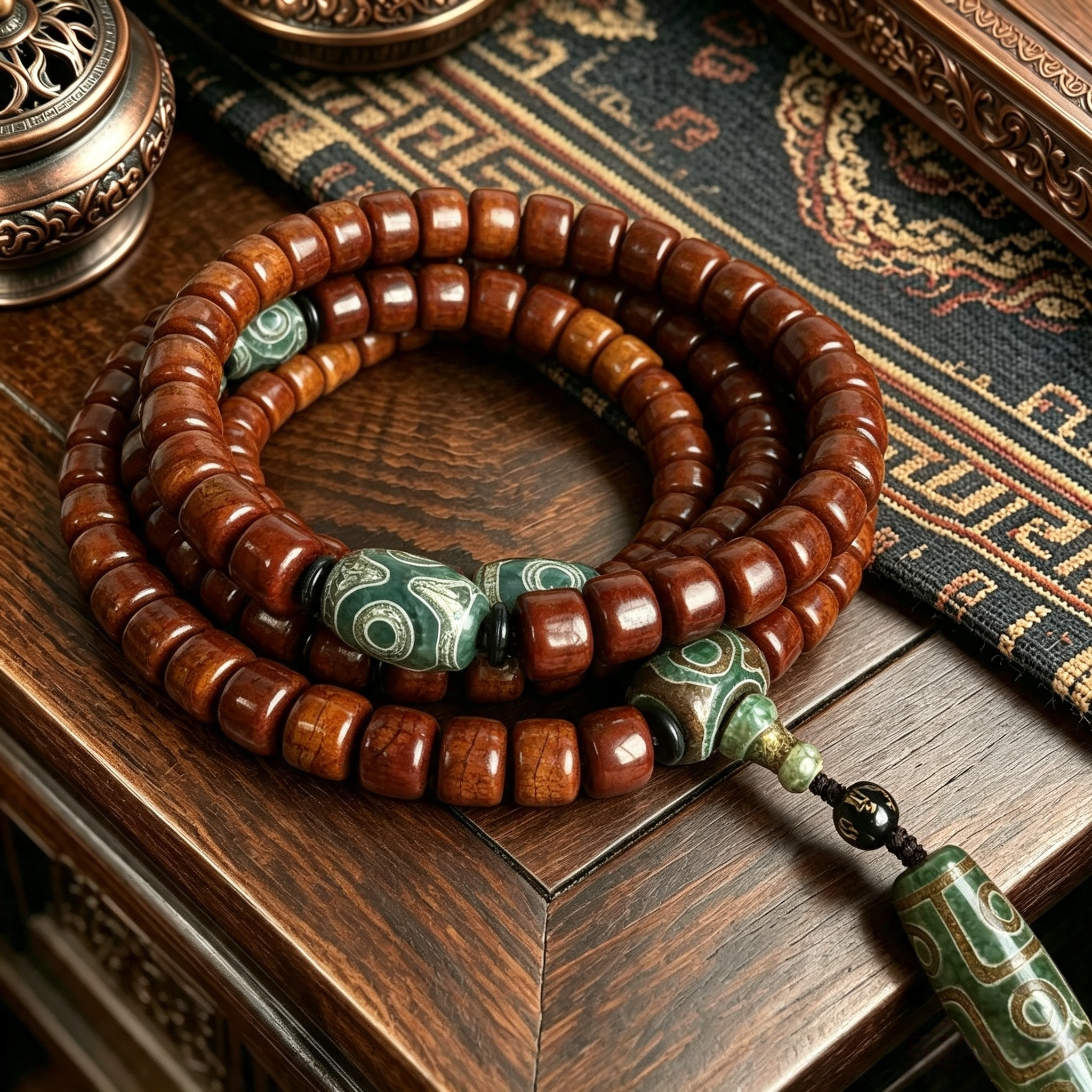 Premium Polished Ox Bone 108-Piece Barrel Bead Multi-Layer Wrap Bracelet with Engraved Natural Agate...