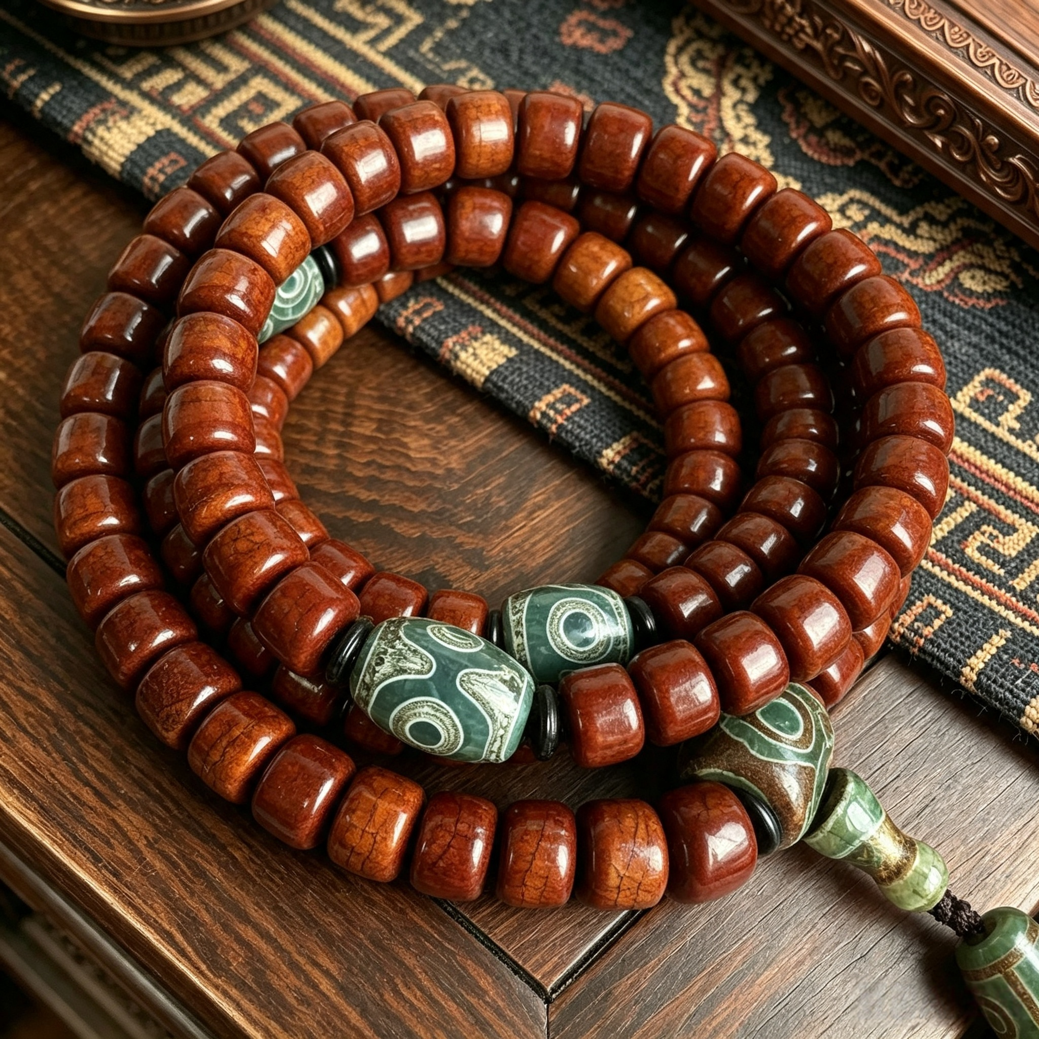 Premium Polished Ox Bone 108-Piece Barrel Bead Multi-Layer Wrap Bracelet with Engraved Natural Agate...