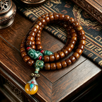 Polished Ox Bone 108-Piece Beaded Wrap Bracelet, Himalayan Handcrafted Ornament with Patterned Inlay Pendant