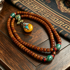 Polished Ox Bone 108-Piece Beaded Wrap Bracelet, Himalayan Handcrafted Ornament with Patterned Inlay Pendant