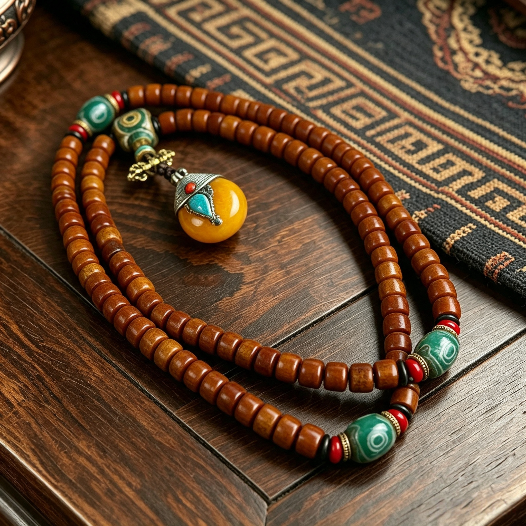 Polished Ox Bone 108-Piece Beaded Wrap Bracelet, Himalayan Handcrafted Ornament with Patterned Inlay Pendant