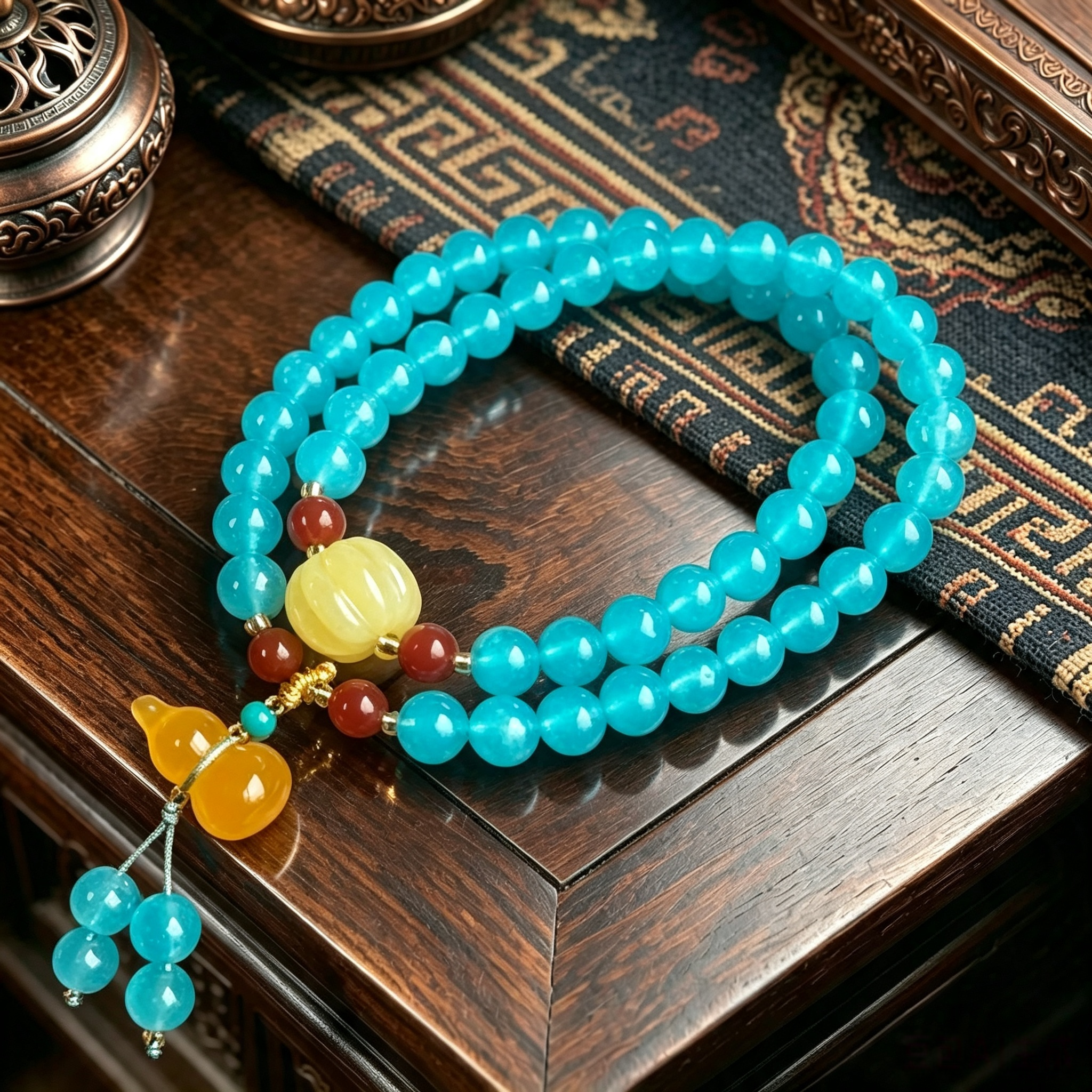 Blue Chalcedony Double Wrap Bracelet, Warm Amber-Hued Accents & Yellow Agate Gourd Charm, Himalayan Handcrafted 6mm Bead Ornament