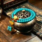 Blue Chalcedony Double Wrap Bracelet, Warm Amber-Hued Accents & Yellow Agate Gourd Charm, Himalayan Handcrafted 6mm Bead Ornament