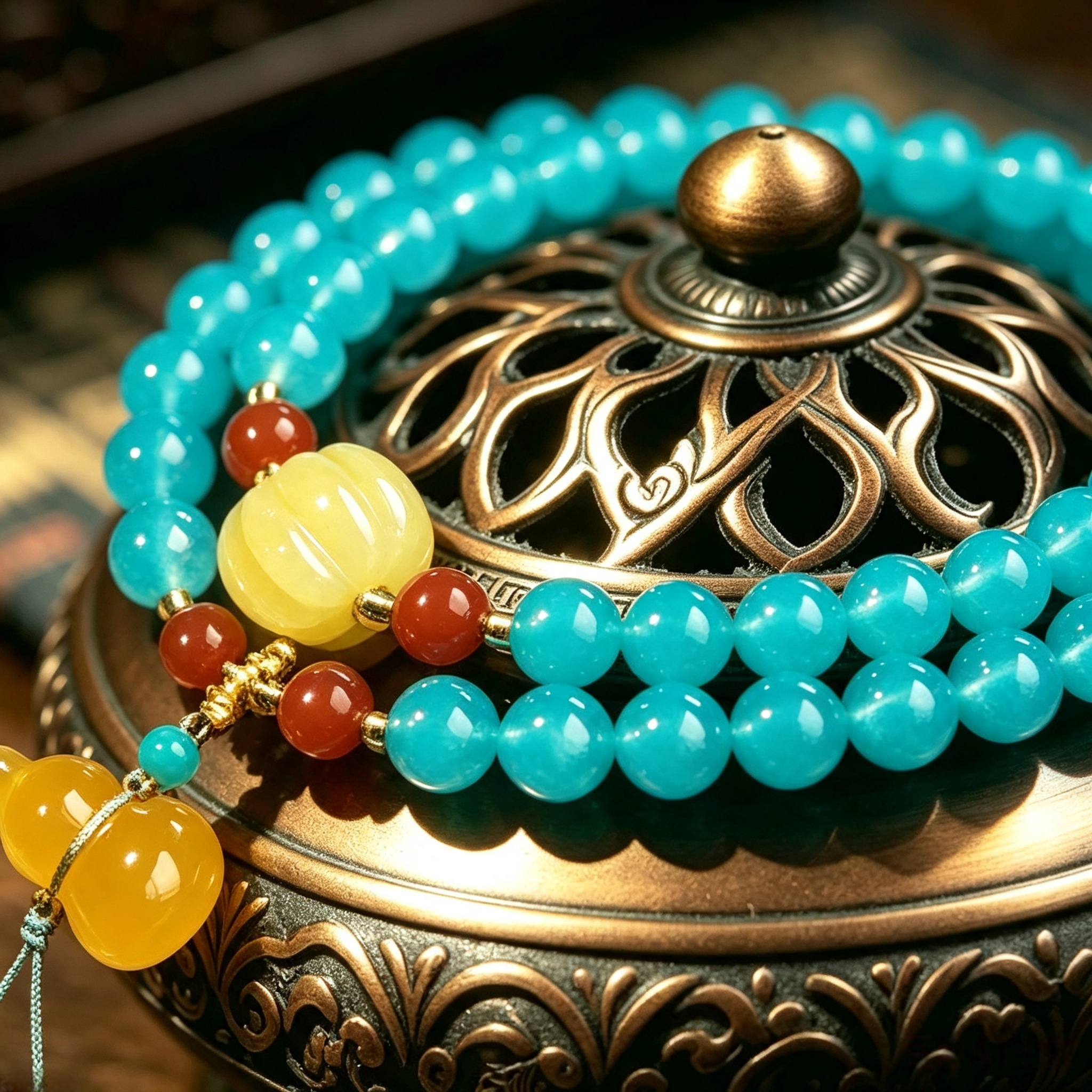 Blue Chalcedony Double Wrap Bracelet, Warm Amber-Hued Accents & Yellow Agate Gourd Charm, Himalayan Handcrafted 6mm Bead Ornament