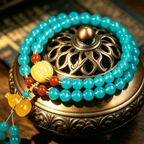 Blue Chalcedony Double Wrap Bracelet, Warm Amber-Hued Accents & Yellow Agate Gourd Charm, Himalayan Handcrafted 6mm Bead Ornament