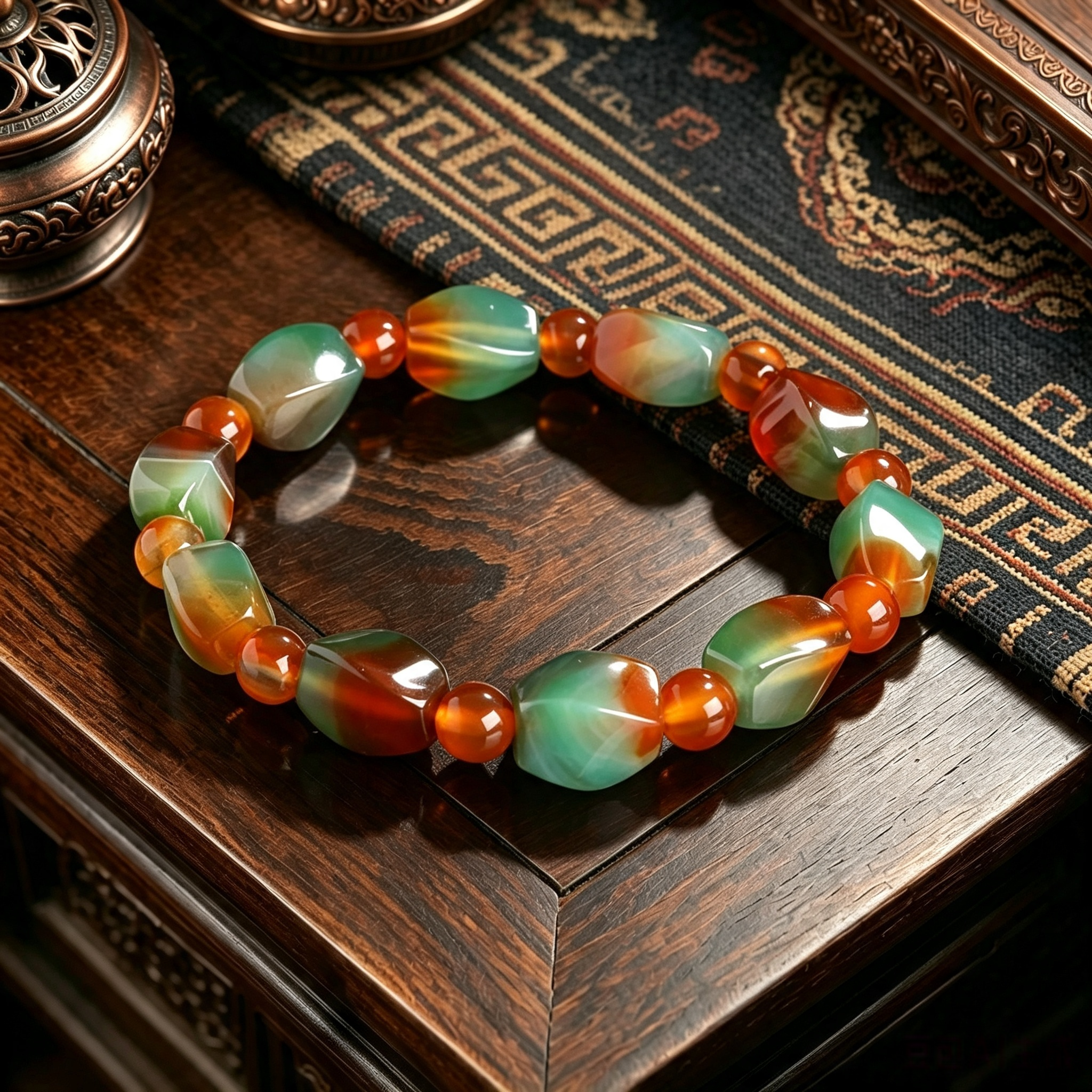 8x12mm Peacock Agate Twist Bead Bracelet, Himalayan Handcrafted Natural Banded Agate Wrist Ornament