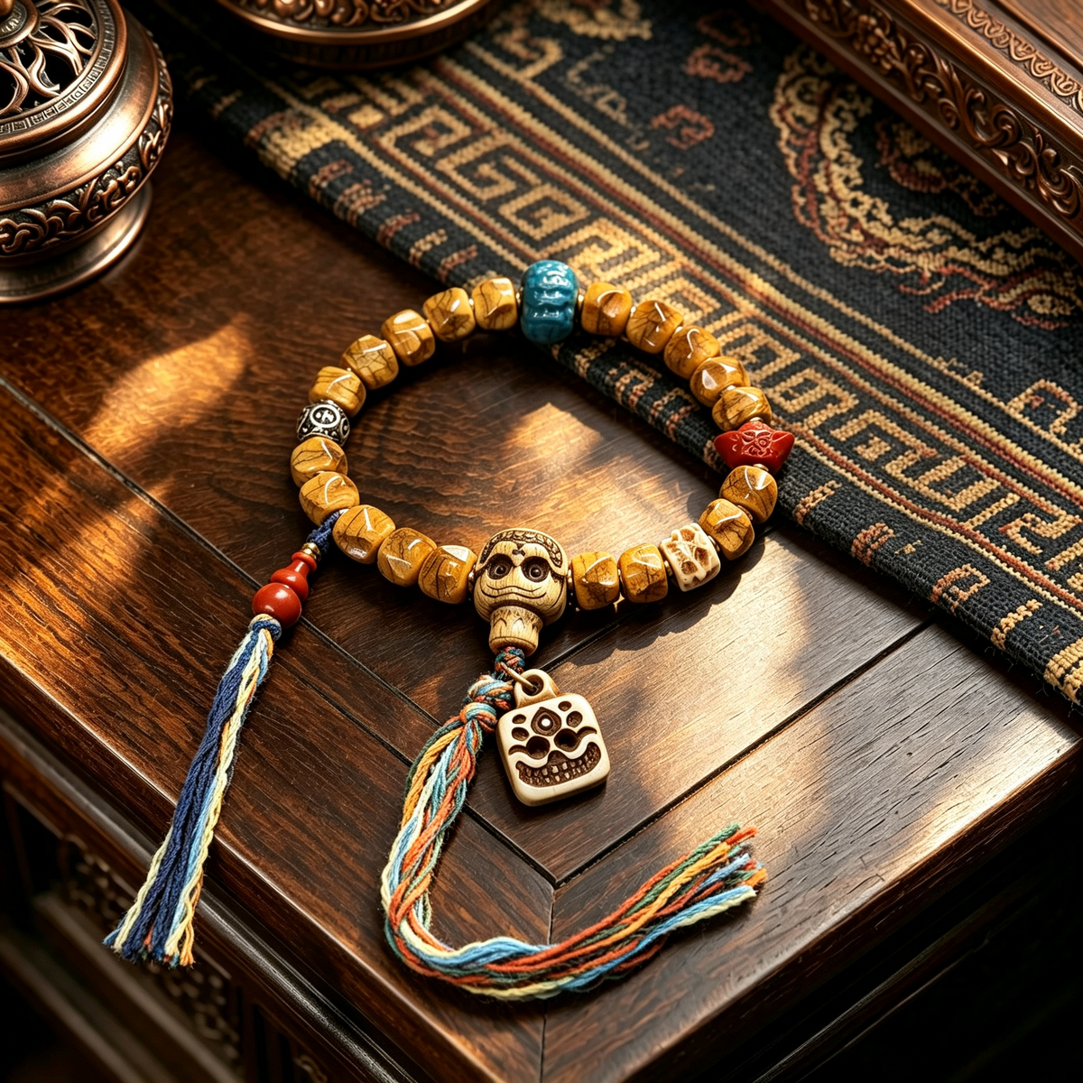 Hand Carved Natural Bone & Herbal Seed Bead Bracelet with Tassel Pendant | Himalayan Ethnic Handcrafted Wrist Jewelry for Grounding Energy & Inner Peace