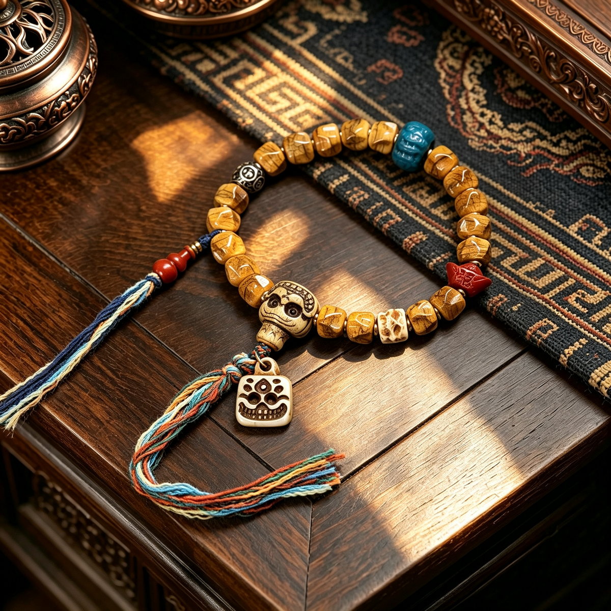 Hand Carved Natural Bone & Herbal Seed Bead Bracelet with Tassel Pendant | Himalayan Ethnic Handcrafted Wrist Jewelry for Grounding Energy & Inner Peace