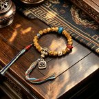 Hand Carved Natural Bone & Herbal Seed Bead Bracelet with Tassel Pendant | Himalayan Ethnic Handcrafted Wrist Jewelry for Grounding Energy & Inner Peace
