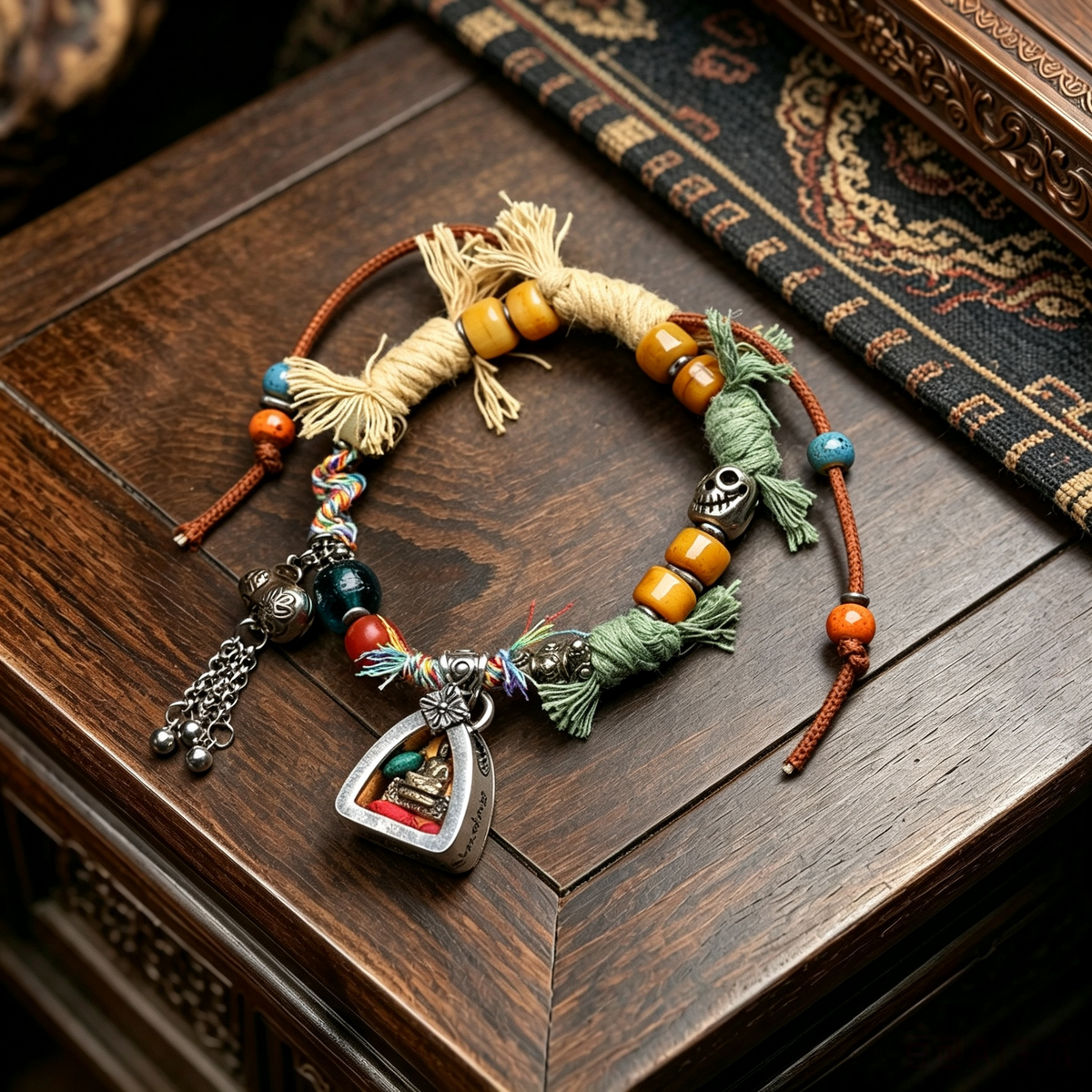 Handwoven Himalayan Style Beaded Bracelet with Vintage Metal Charm