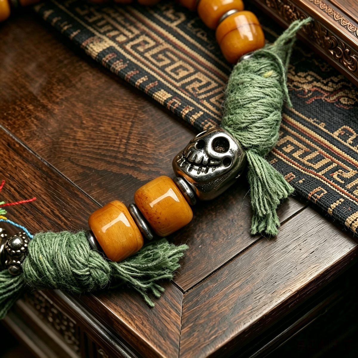 Handwoven Himalayan Style Beaded Bracelet with Vintage Metal Charm