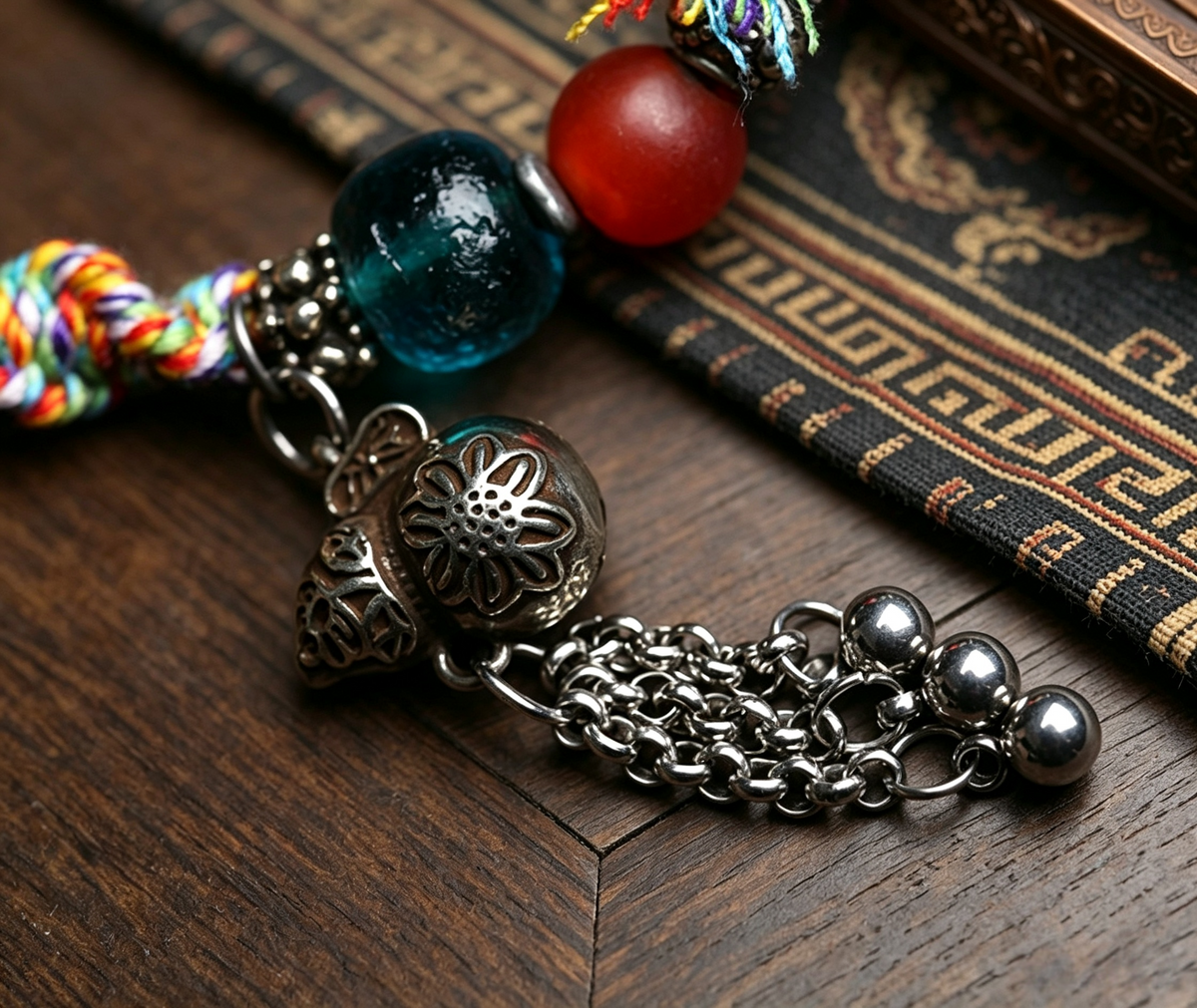 Handwoven Himalayan Style Beaded Bracelet with Vintage Metal Charm