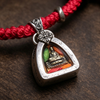 Artisanal Handwoven Red Braided Bracelet, Himalayan Traditional Metal Pendant