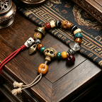 Himalayan Vintage Tibetan Multi-Gem Bracelet, Carved Skull Pattern, Agate Dotted Bead, Karma Cleansing Meditation Wrist Bracelet