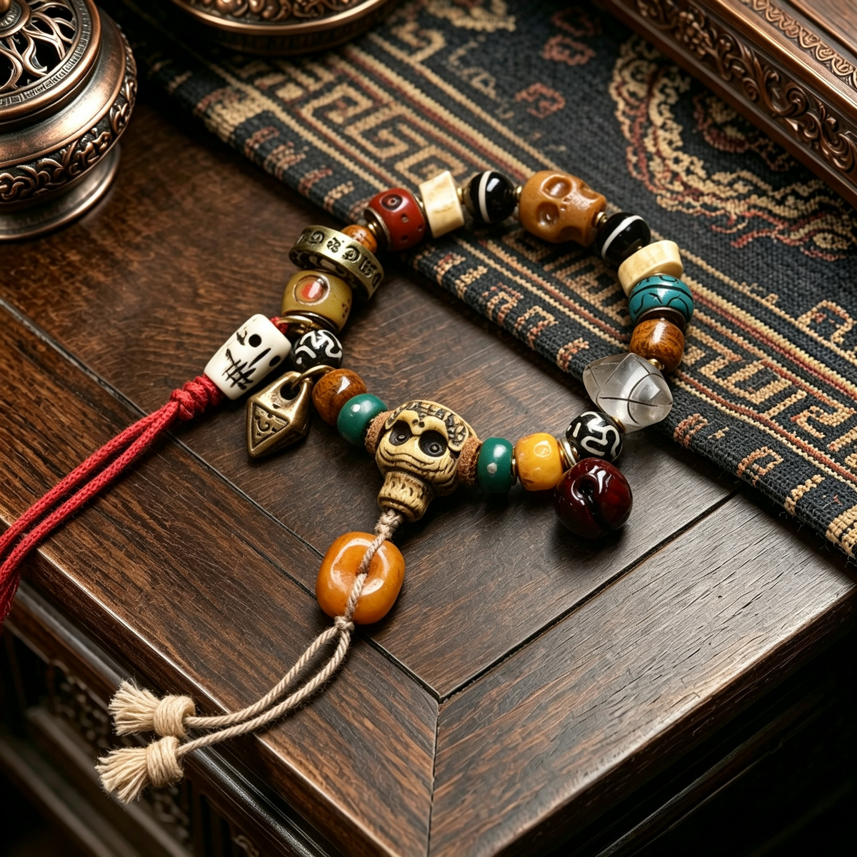 Himalayan Vintage Tibetan Multi-Gem Bracelet, Carved Skull Pattern, Agate Dotted Bead, Karma Cleansing Meditation Wrist Bracelet