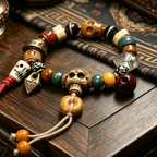 Himalayan Vintage Tibetan Multi-Gem Bracelet, Carved Skull Pattern, Agate Dotted Bead, Karma Cleansing Meditation Wrist Bracelet