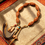 Himalayan Hand-Carved Olive Stone Mala | Meditation Energy Talisman with Wooden Amulet & Tassel