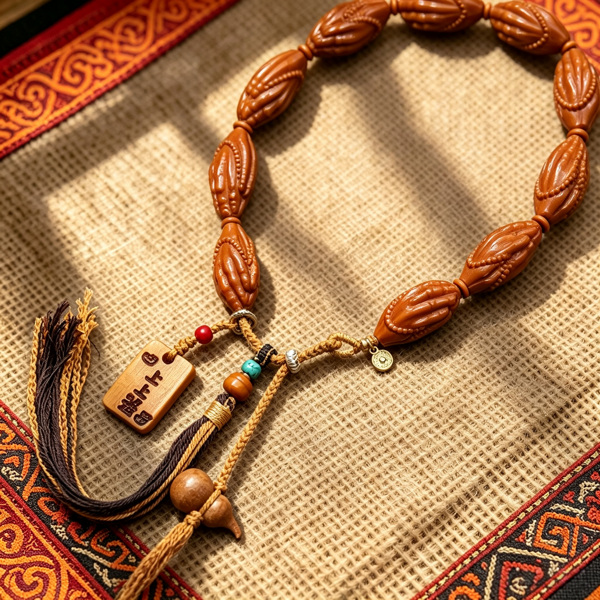 Himalayan Hand-Carved Olive Stone Mala | Meditation Energy Talisman with Wooden Amulet & Tassel