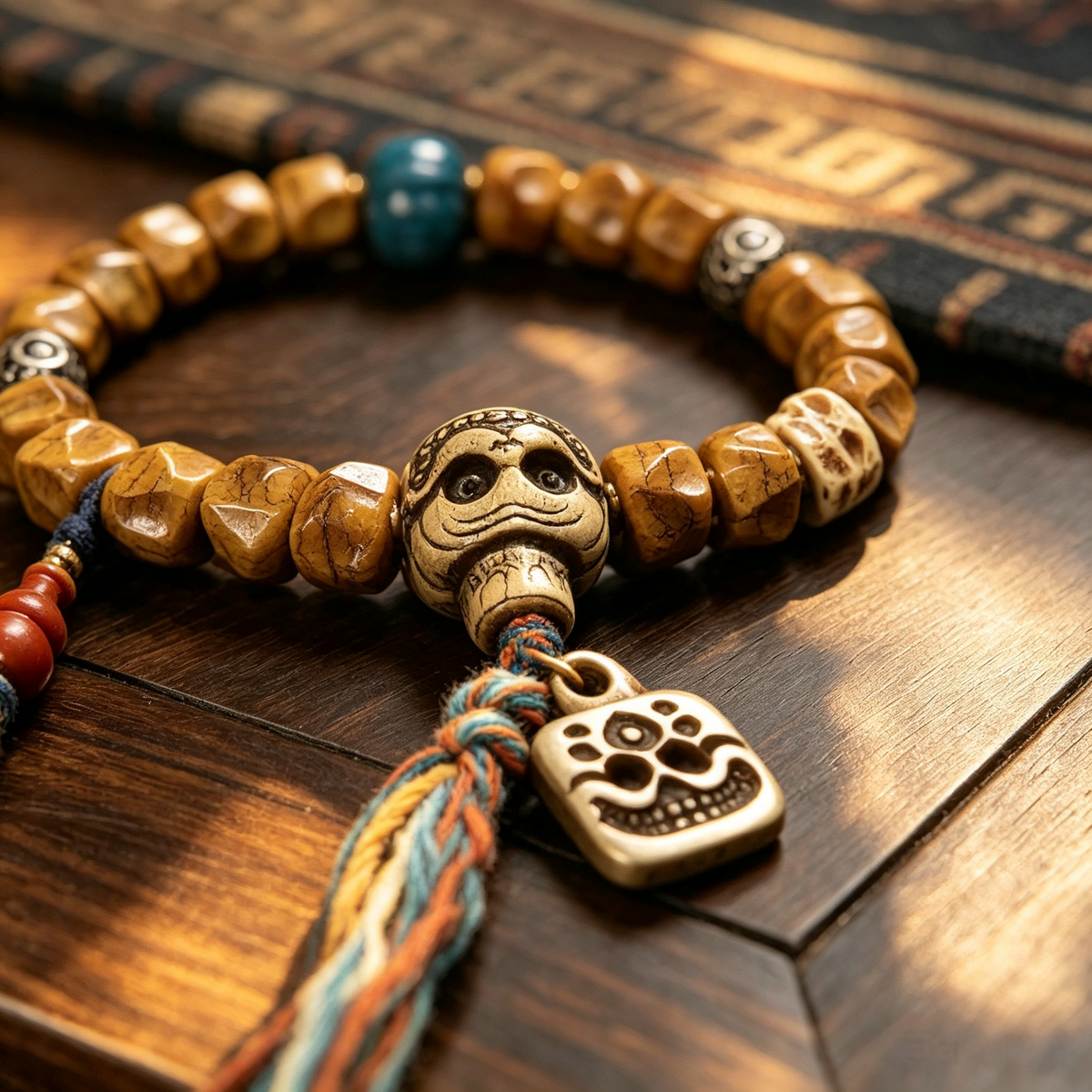 Hand Carved Natural Bone & Herbal Seed Bead Bracelet with Tassel Pendant | Himalayan Ethnic Handcrafted Wrist Jewelry for Grounding Energy & Inner Peace
