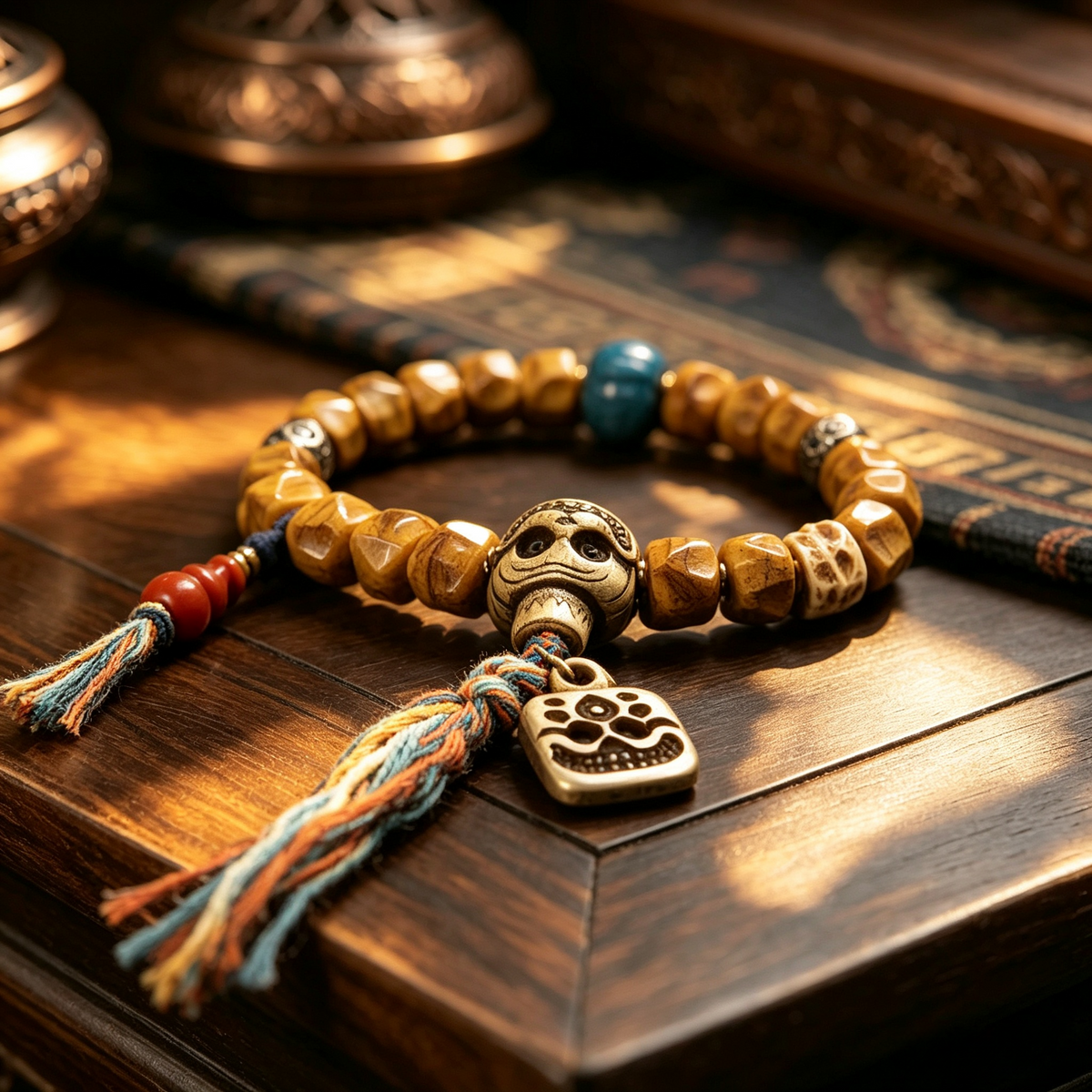 Hand Carved Natural Bone & Herbal Seed Bead Bracelet with Tassel Pendant | Himalayan Ethnic Handcrafted Wrist Jewelry for Grounding Energy & Inner Peace