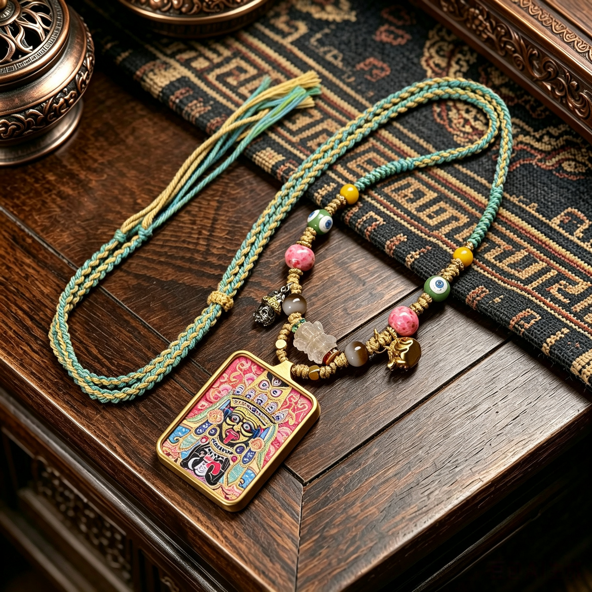 Hand-Painted Heritage Art Pendant Handwoven Ornament Necklace for Inner Centering & Mindful Grounding