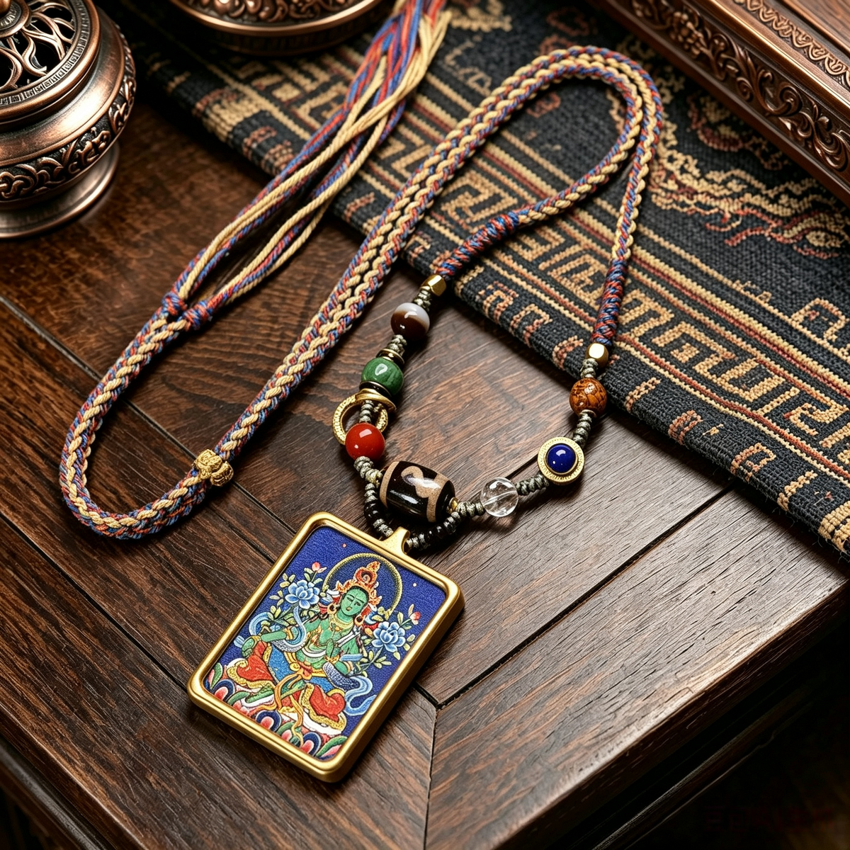 Hand-Painted Himalayan Figurative Art Pendant Necklace | Hand Knotted Cord Heritage Adornment for Grounded Reflection & Gentle Calm