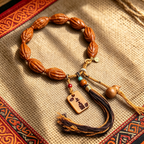 Himalayan Hand-Carved Olive Stone Mala | Meditation Energy Talisman with Wooden Amulet & Tassel