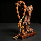 Himalayan Hand-Carved Olive Stone Mala | Meditation Energy Talisman with Wooden Amulet & Tassel
