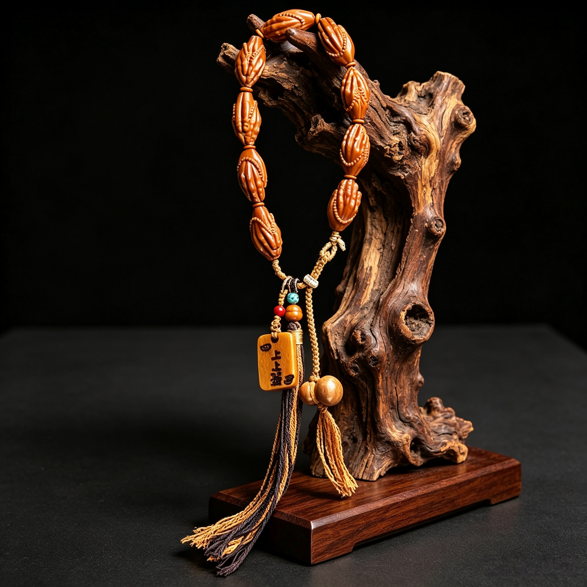 Himalayan Hand-Carved Olive Stone Mala | Meditation Energy Talisman with Wooden Amulet & Tassel