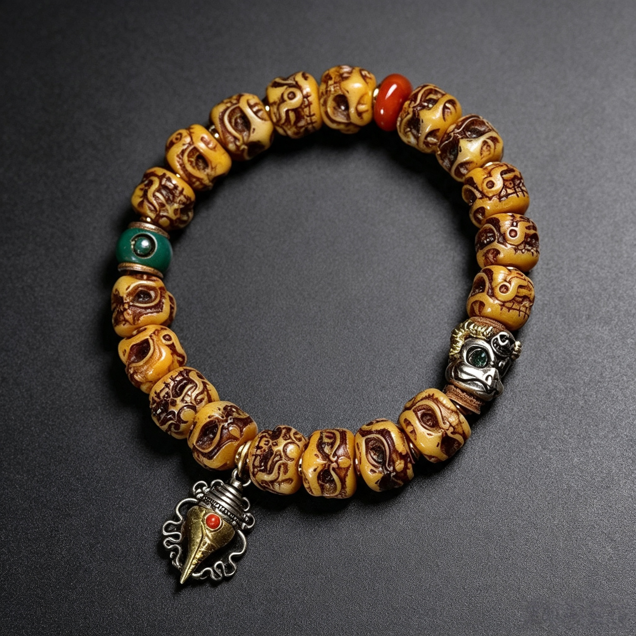 Retro Hand-Carved Bone Figurine Bead Bracelet, Ethnic Glass Agate Decor Wristband for Meditation & Energy Grounding