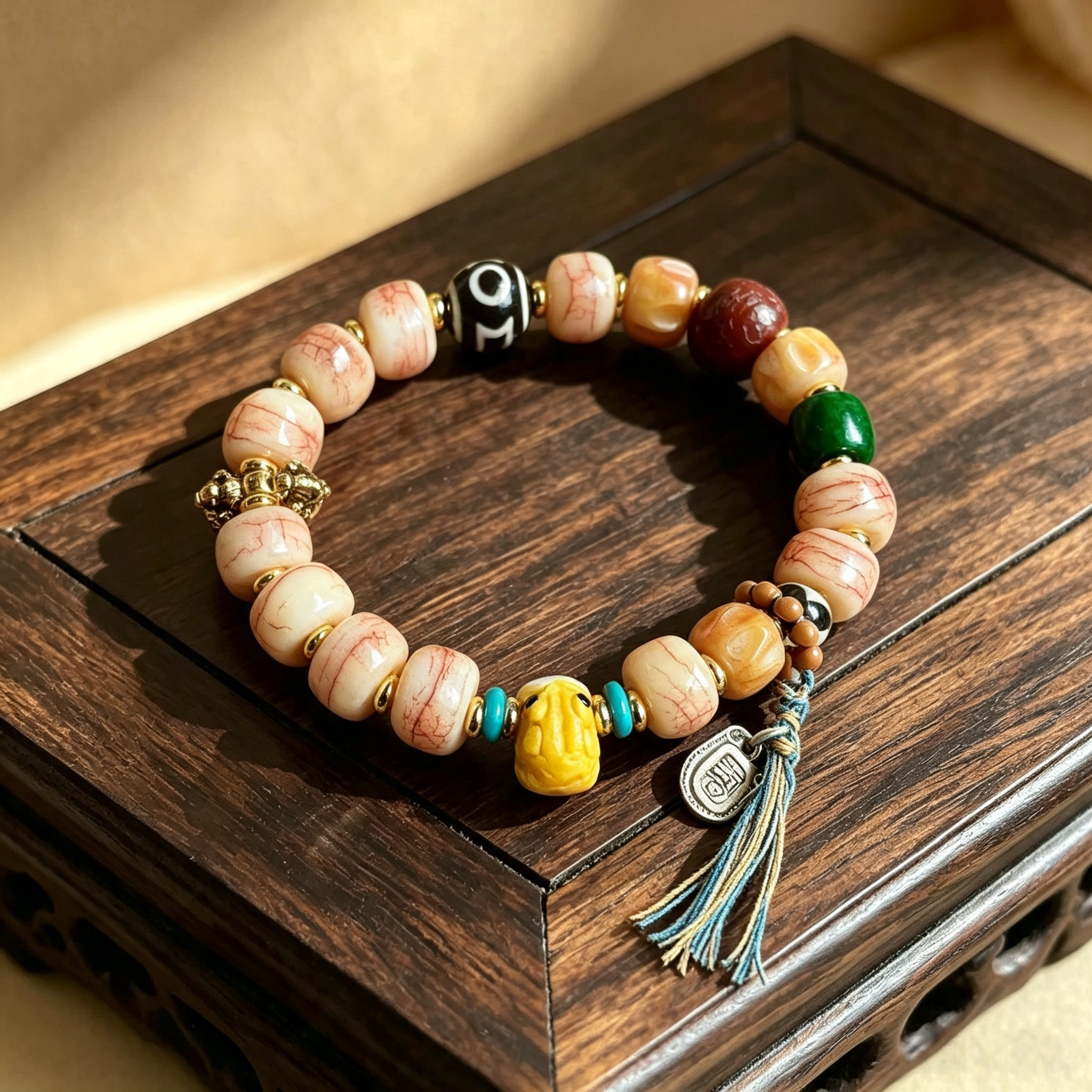 Himalayan Camel-Bone Bracelet | Patterned Stone, Symbol Charm & Heritage Motif Collectible Wrist Strand