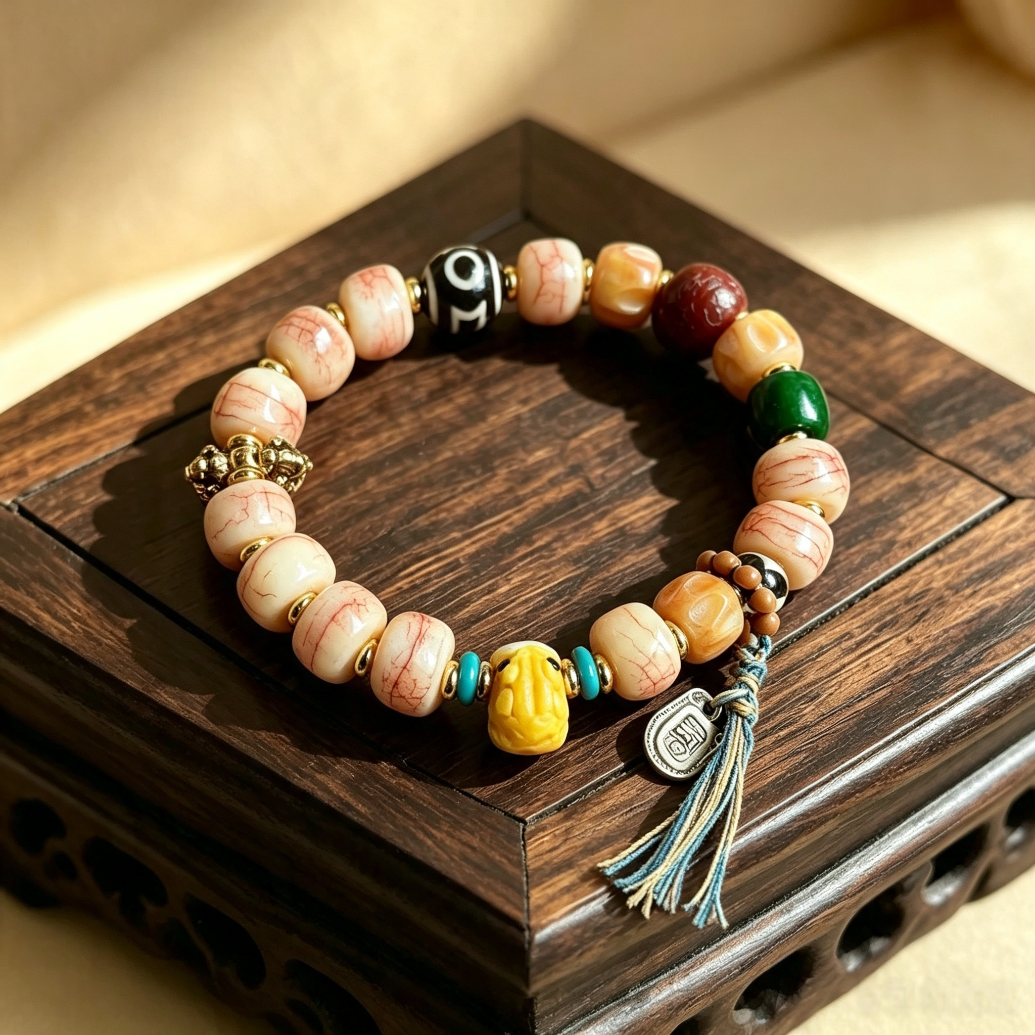 Himalayan Camel-Bone Bracelet | Patterned Stone, Symbol Charm & Heritage Motif Collectible Wrist Strand