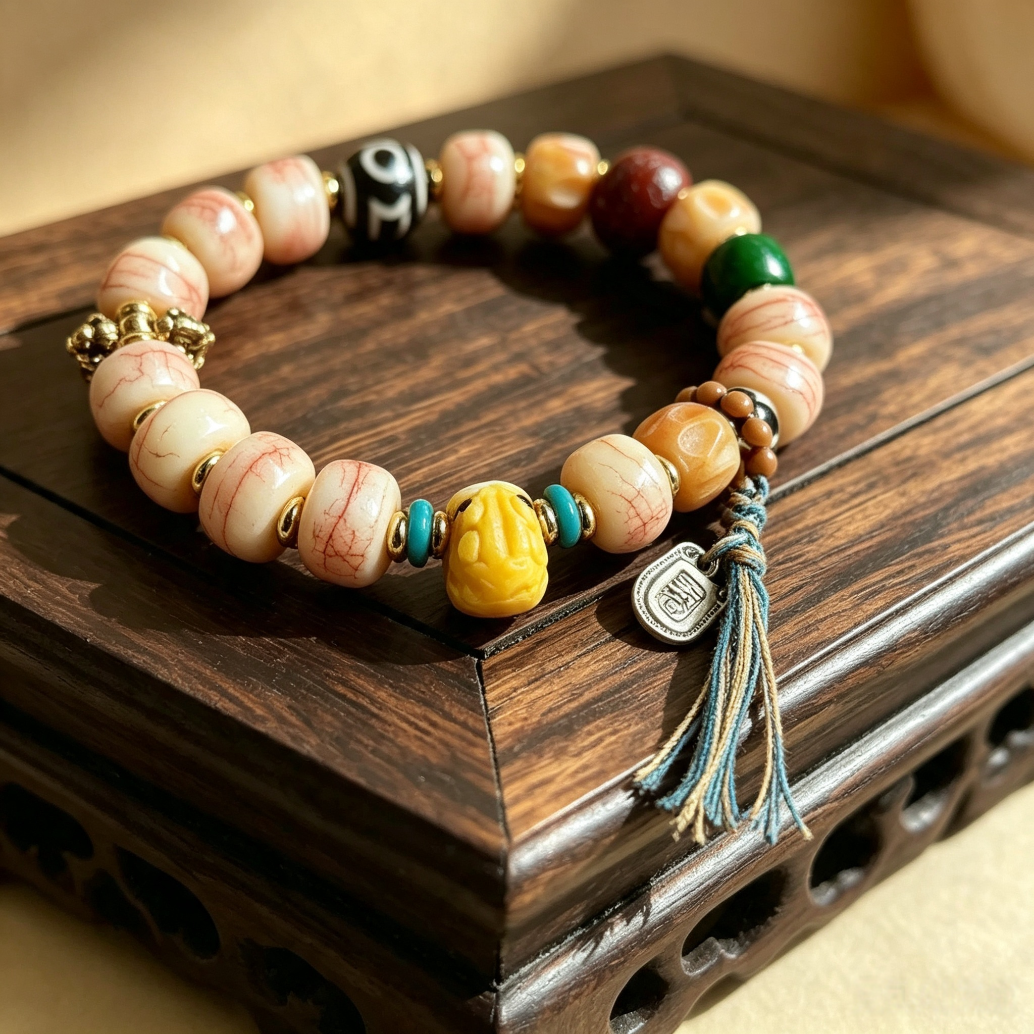 Himalayan Camel-Bone Bracelet | Patterned Stone, Symbol Charm & Heritage Motif Collectible Wrist Strand