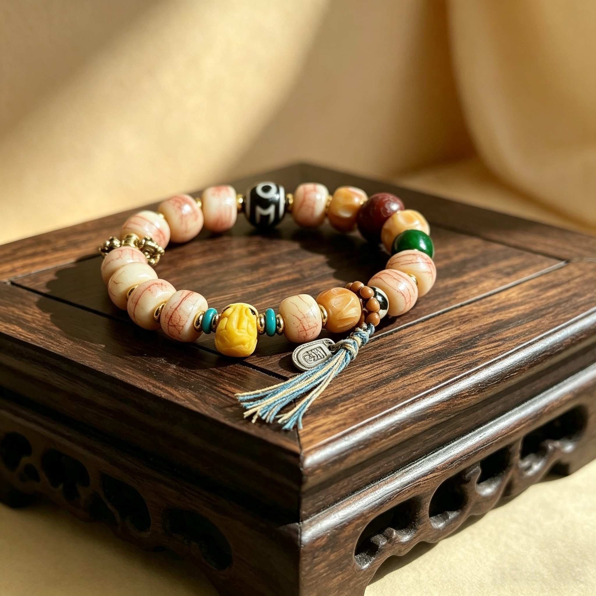 Himalayan Camel-Bone Bracelet | Patterned Stone, Symbol Charm & Heritage Motif Collectible Wrist Strand