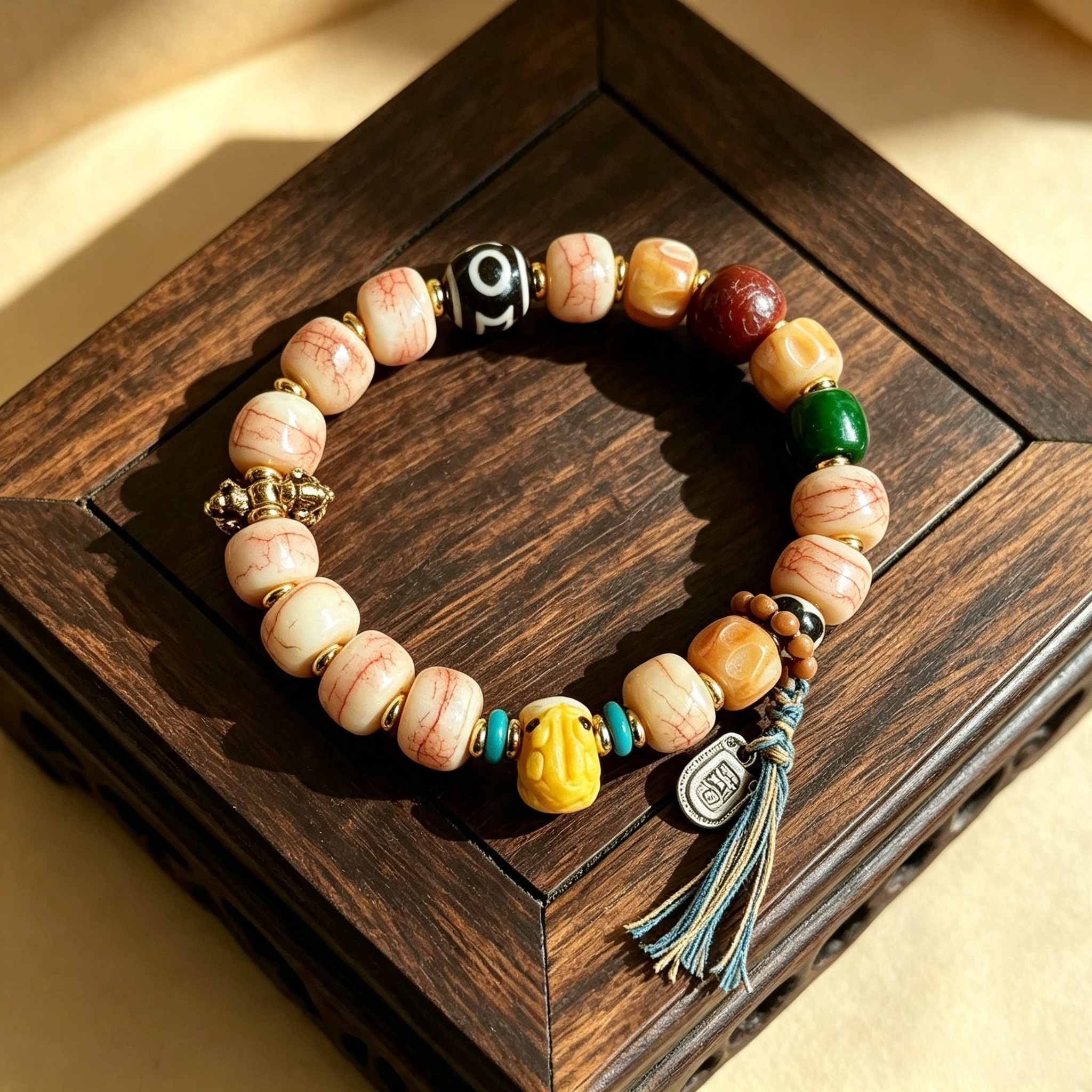 Himalayan Camel-Bone Bracelet | Patterned Stone, Symbol Charm & Heritage Motif Collectible Wrist Strand