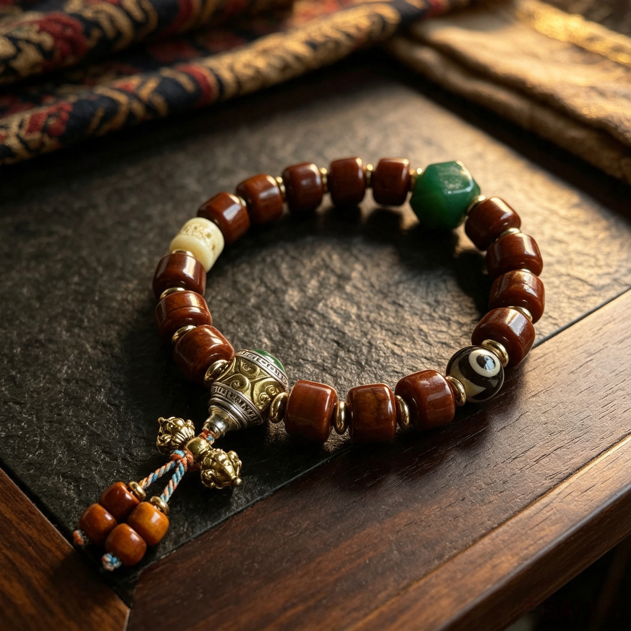 Himalayan Ox-Bone Bead Bracelet, Patterned Stone & Old Agate Heritage Adornment Bracelet for Men Women