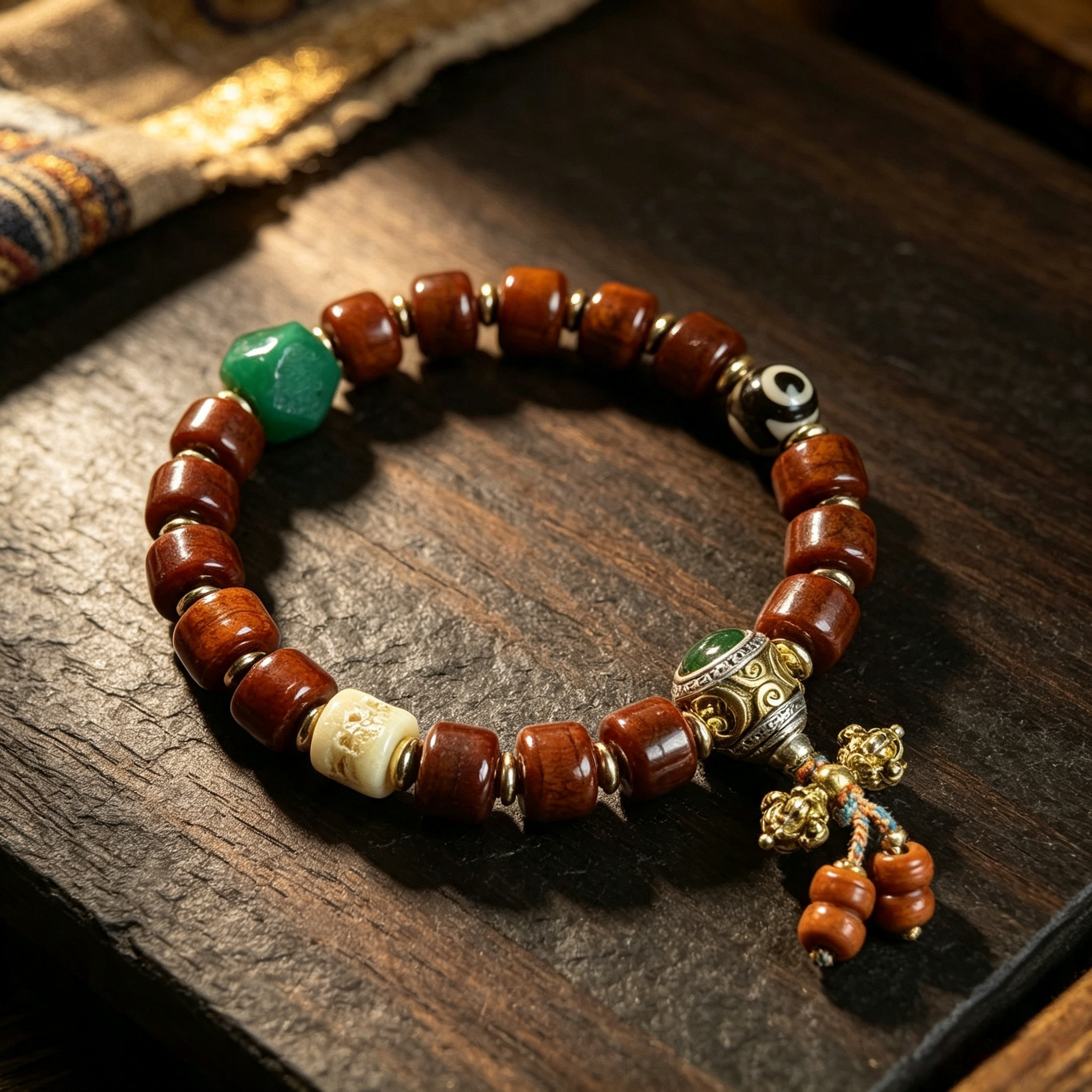 Himalayan Ox-Bone Bead Bracelet, Patterned Stone & Old Agate Heritage Adornment Bracelet for Men Women