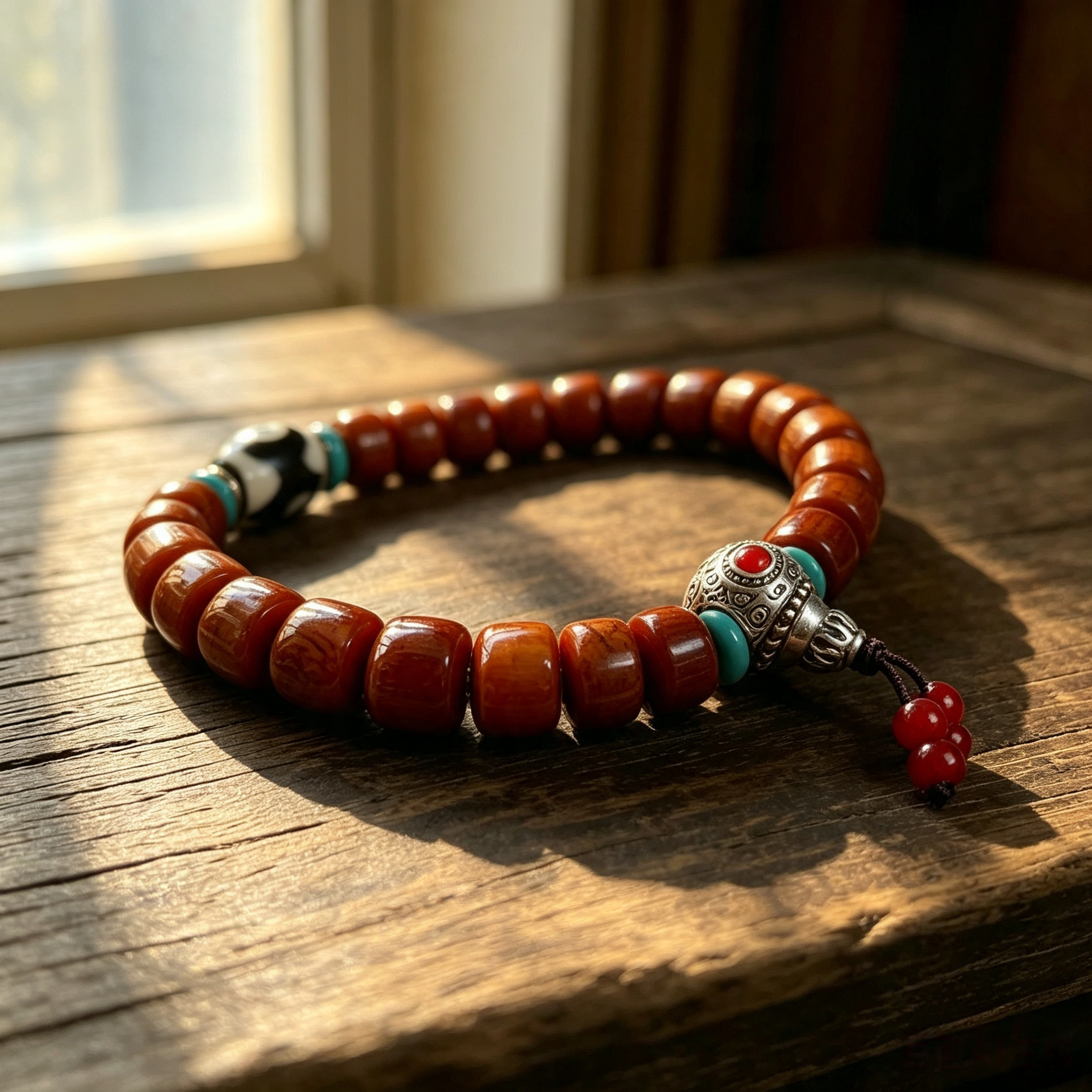 Himalayan Ox-Bone Bracelet with Patterned Stone & Textured Agate, Handcrafted Ethnic Craft Jewelry