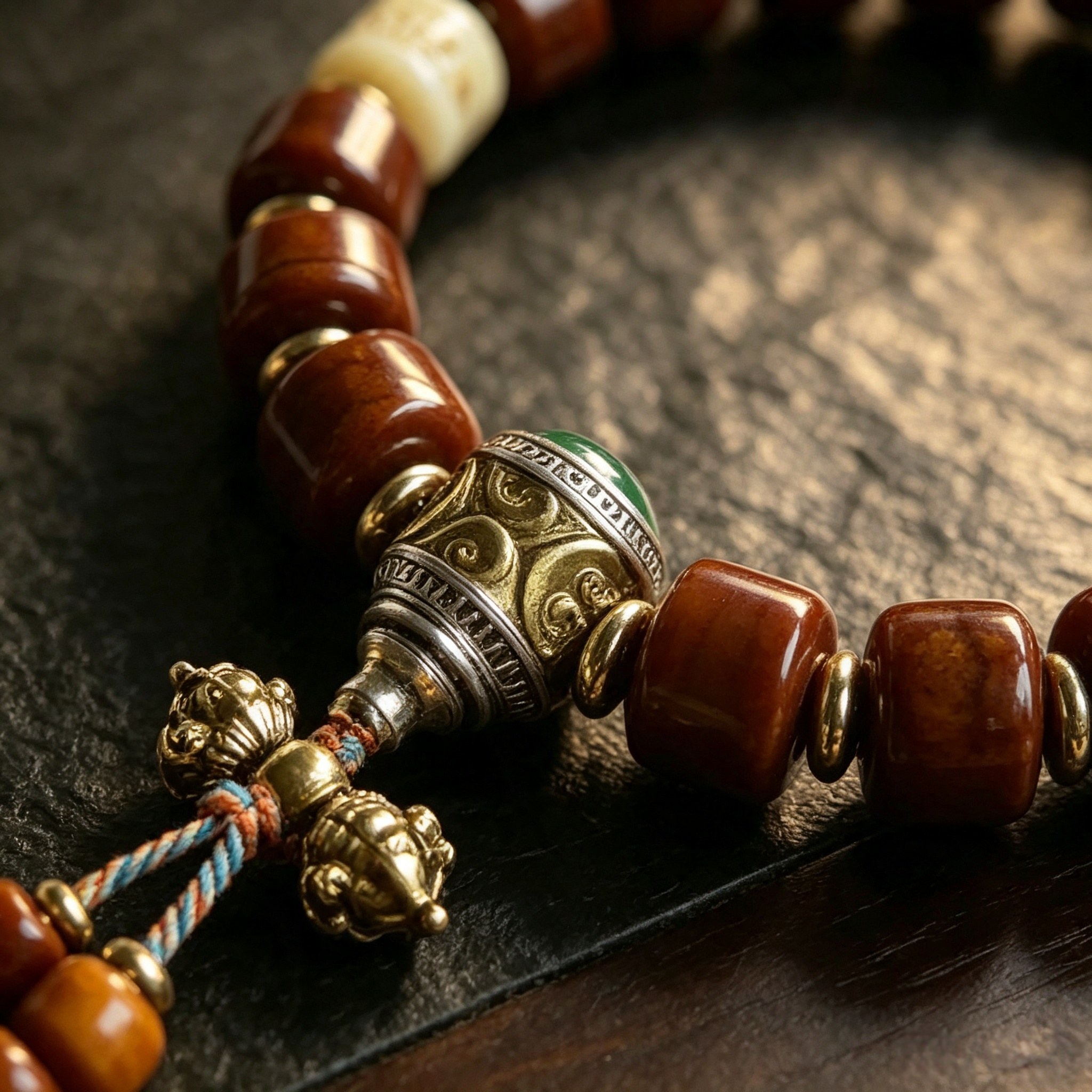 Himalayan Ox-Bone Bead Bracelet, Patterned Stone & Old Agate Heritage Adornment Bracelet for Men Women