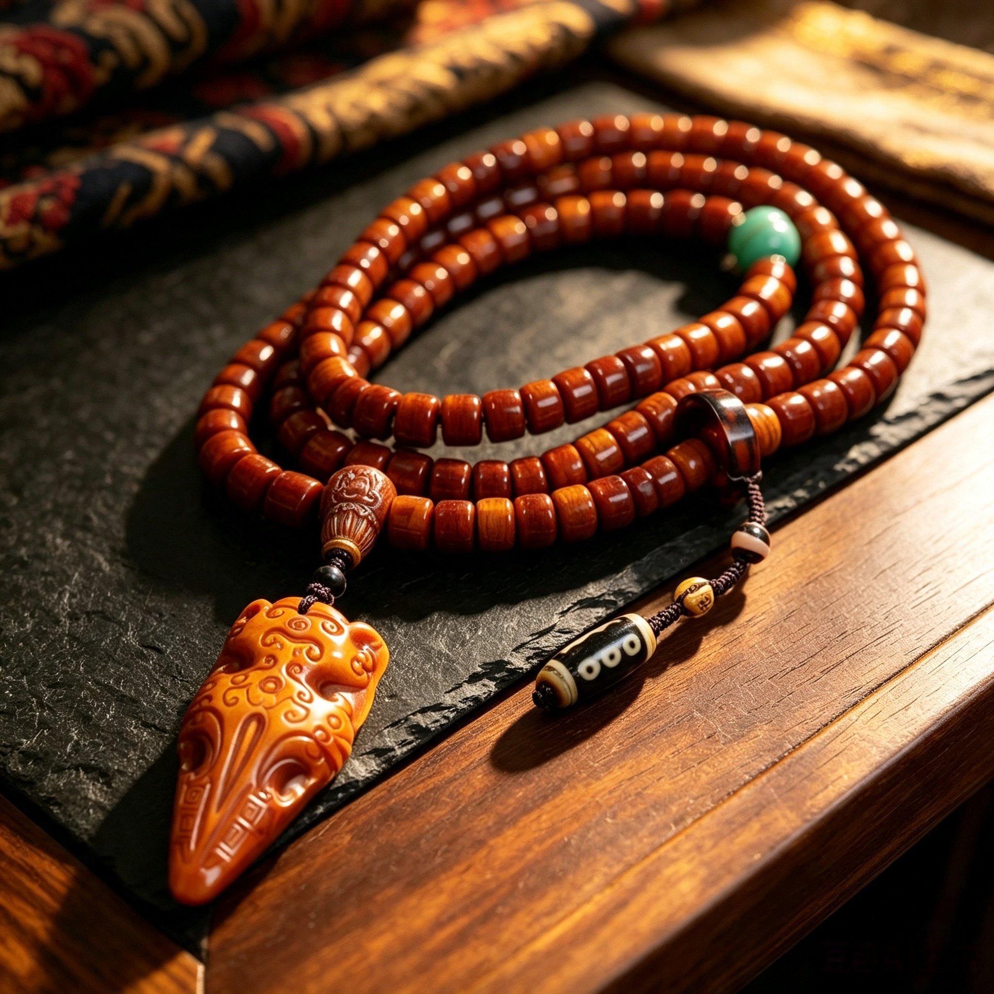 Himalayan Ox-Bone 108-Bead Strand, Hand-Carved Heritage Pendant Contemplation Necklace