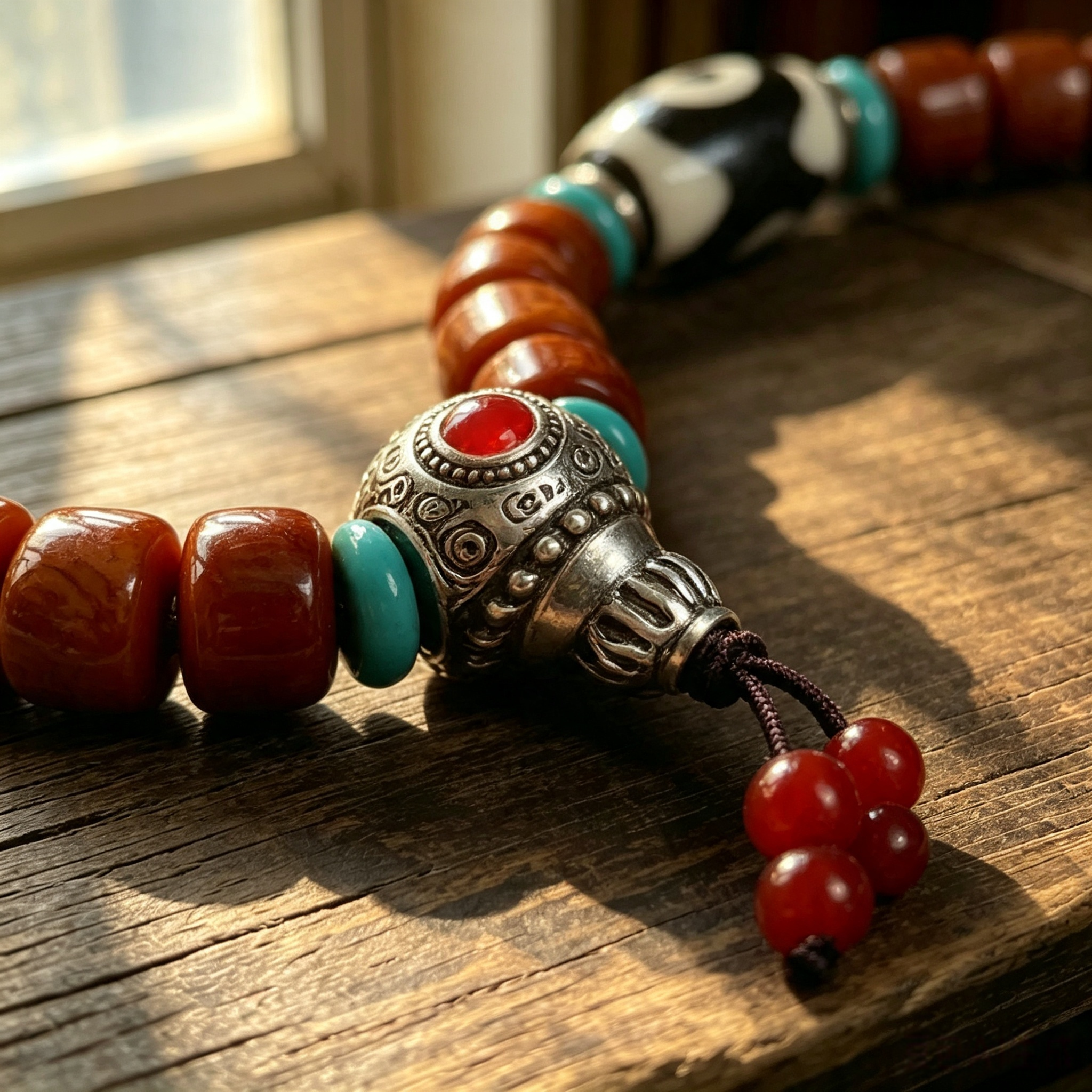 Himalayan Ox-Bone Bracelet with Patterned Stone & Textured Agate, Handcrafted Ethnic Craft Jewelry