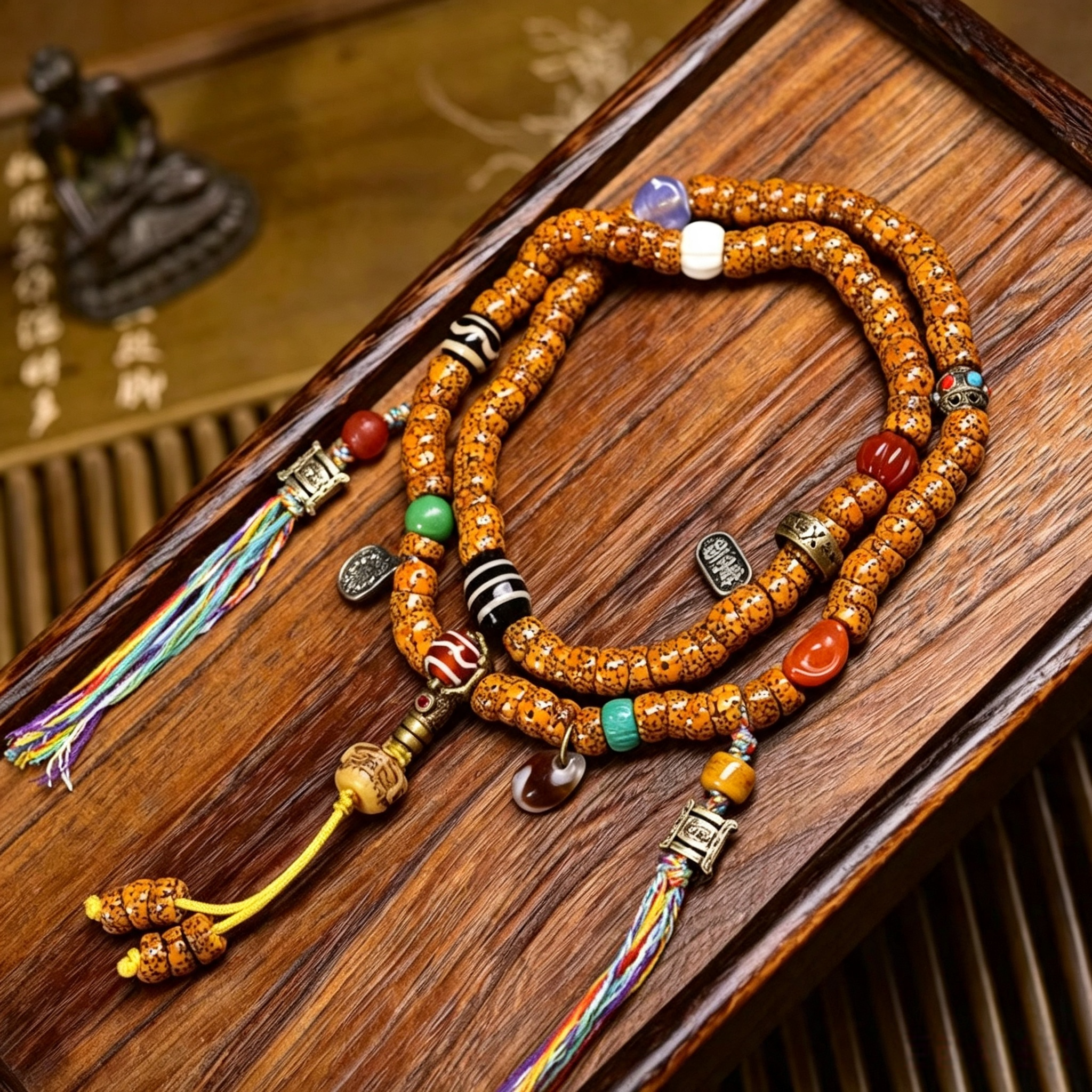 Textured Natural Seed 108 Hand Strung Bead Necklace with Patterned Agate Accents
