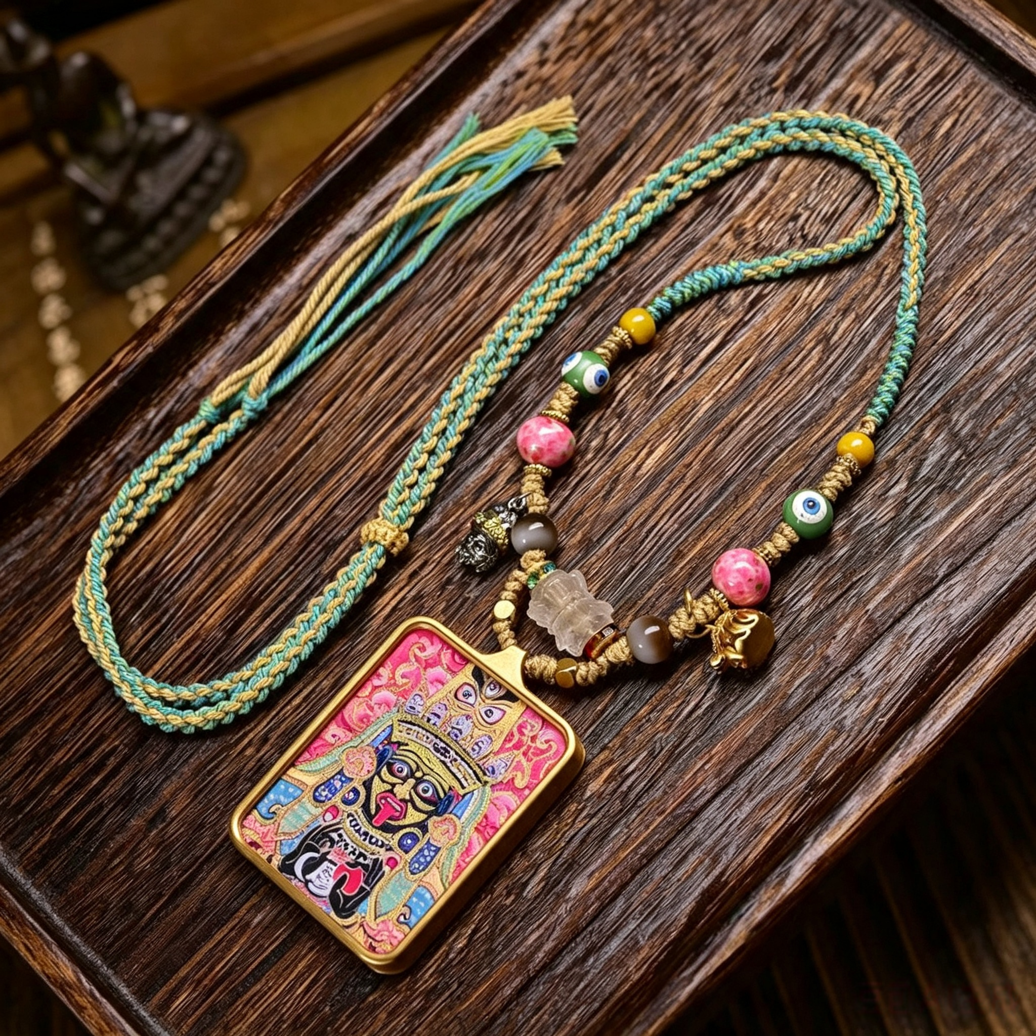 Hand-Painted Heritage Art Pendant Handwoven Ornament Necklace for Inner Centering & Mindful Grounding
