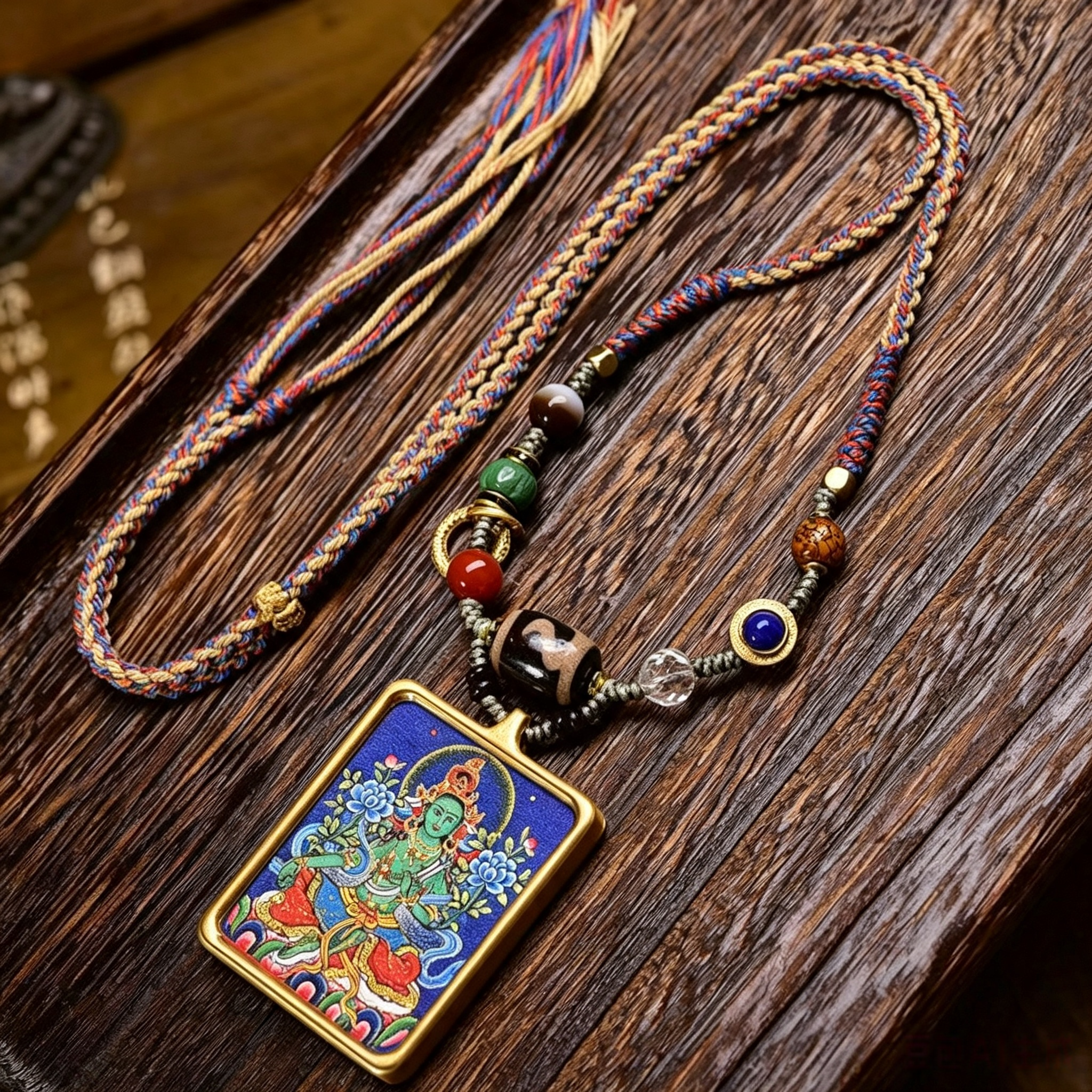 Hand-Painted Himalayan Figurative Art Pendant Necklace | Hand Knotted Cord Heritage Adornment for Grounded Reflection & Gentle Calm